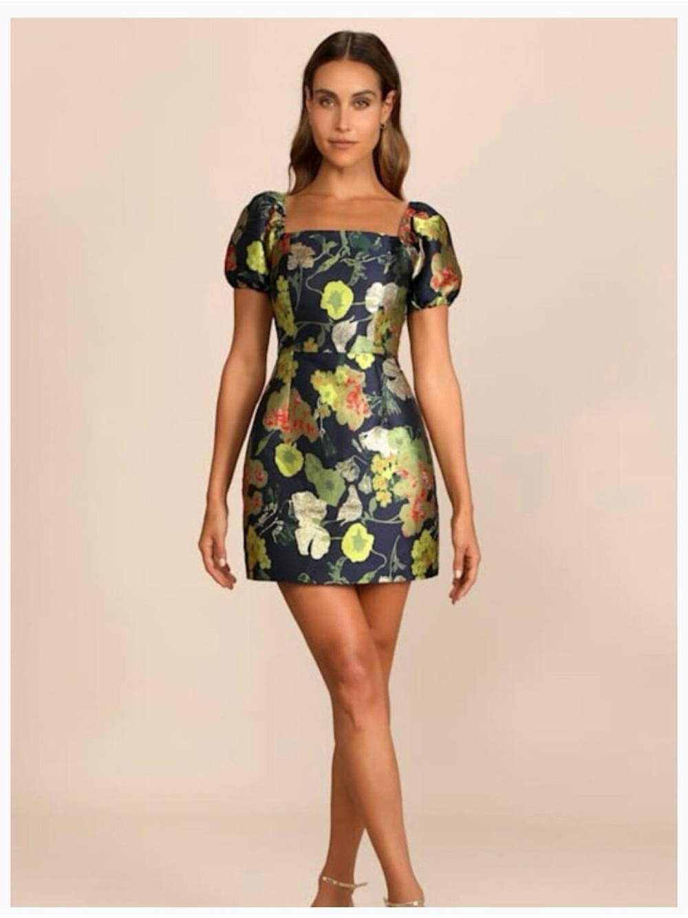 Lulu's Navy Floral Puff-Sleeve Mini Dress with Green and Gold Accents